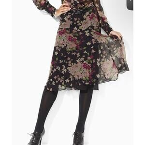 Lauren Ralph Lauren Silk Black Purple Floral Midi Skirt Y2K Romantic Size 10